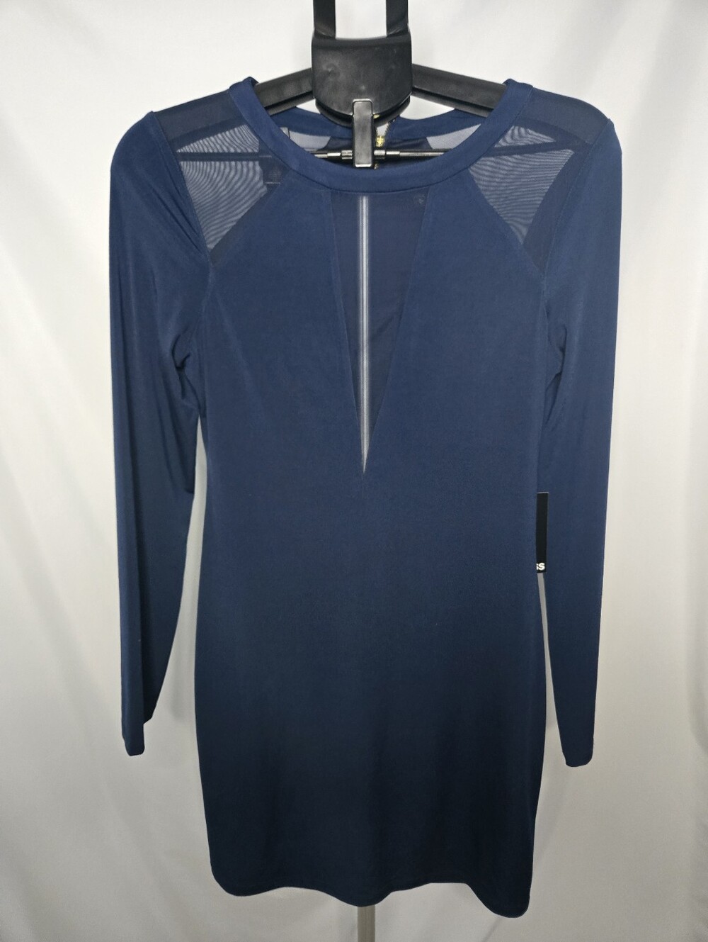 NWT Express Navy Mesh Shoulder Keyhole Evening Sheath Dress – Size M
